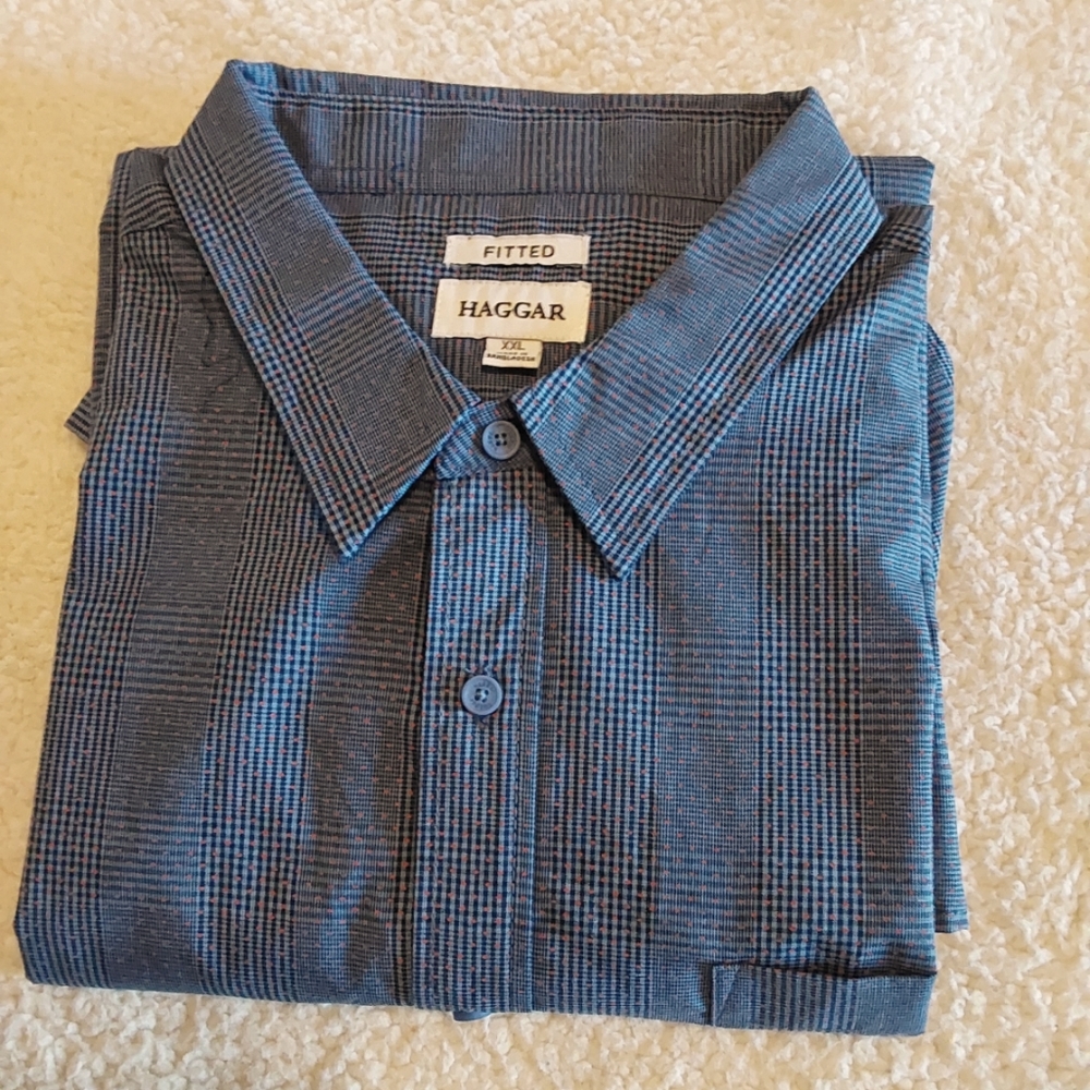 🌺 NEW Mens Haggar Blue Muted Plaid Shirt